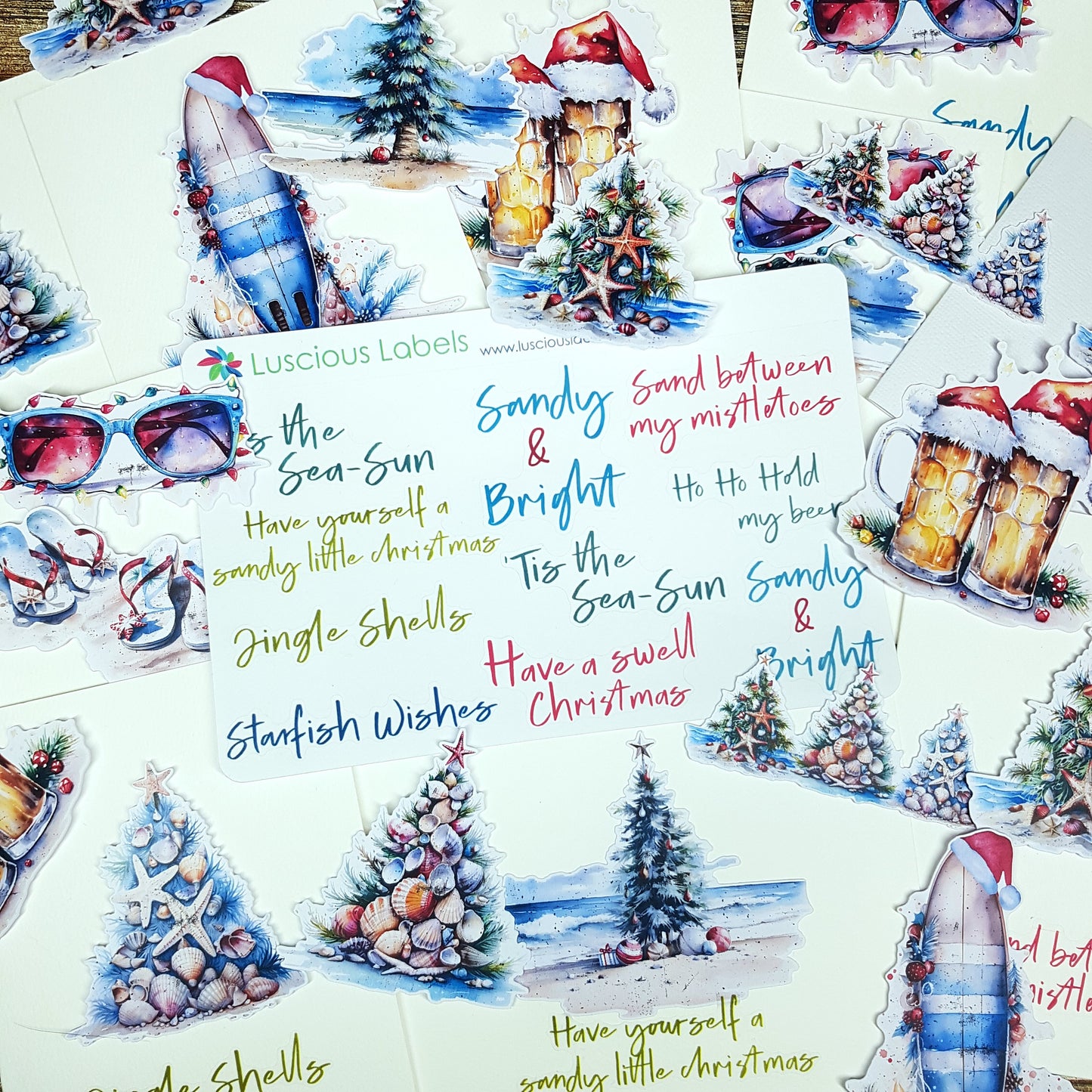 Sandy & Bright Christmas Decorative Stickers with festive punny sentiments