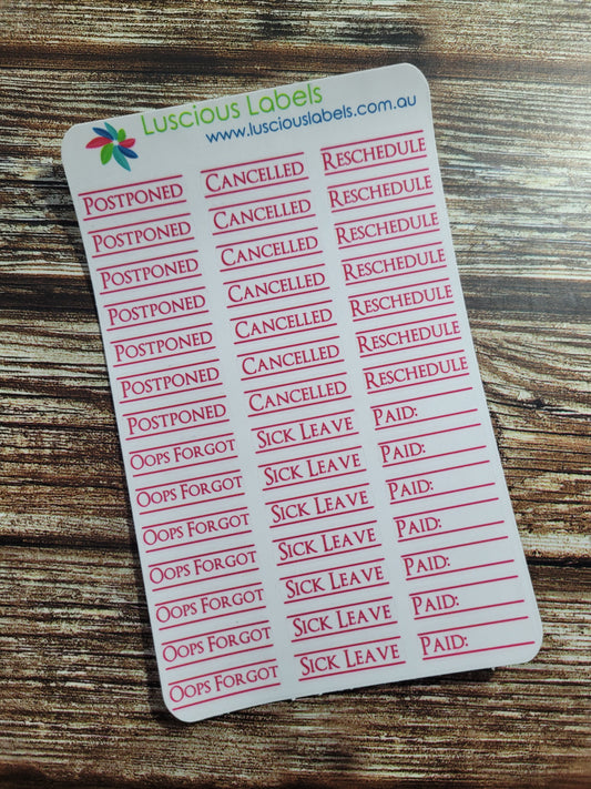 Clear Scheduling Amendment Stickers - Cancelled, Postponed, Reschedule, Oops! Forgot, Sick Leave and Bill Paid