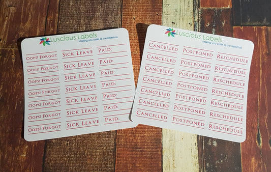 Clear Scheduling Amendment Stickers - Cancelled, Postponed, Reschedule, Oops! Forgot, Sick Leave and Bill Paid